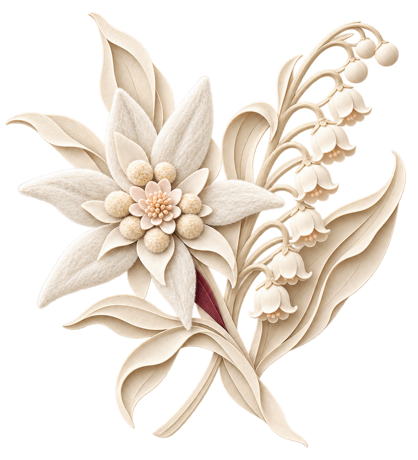 Layered papercut of an edelweiss with lily of the valley