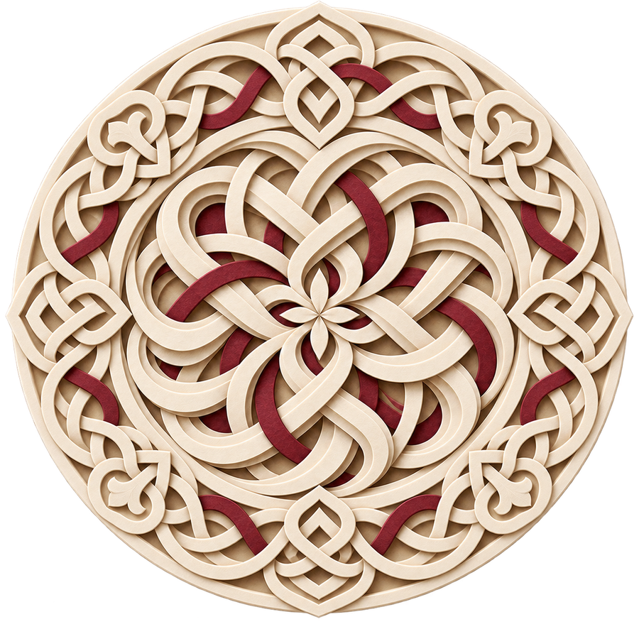Layered papercut roundel of Armenian interlace