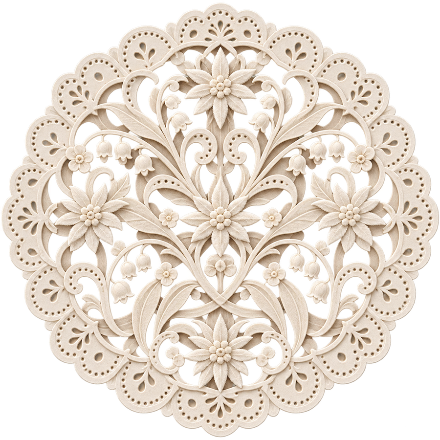 Layered papercut roundel of St. Gallen lace