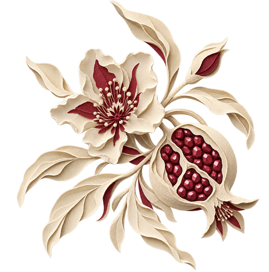 Layered papercut of a pomegranate branch in blossom